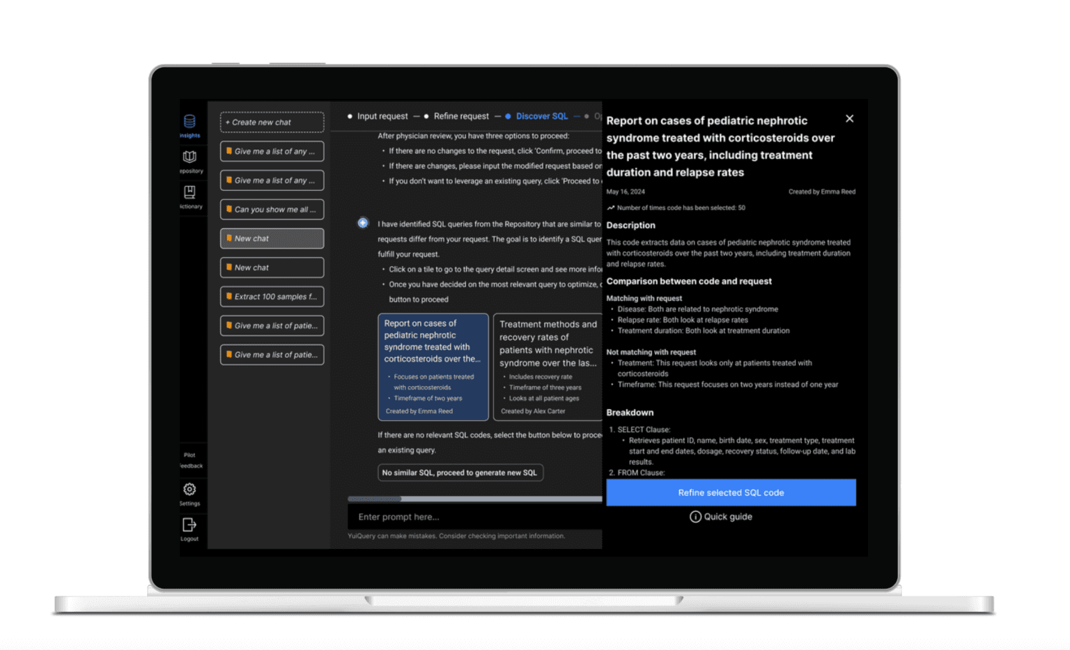 YuiQuery Insights dashboard showing natural language query interface